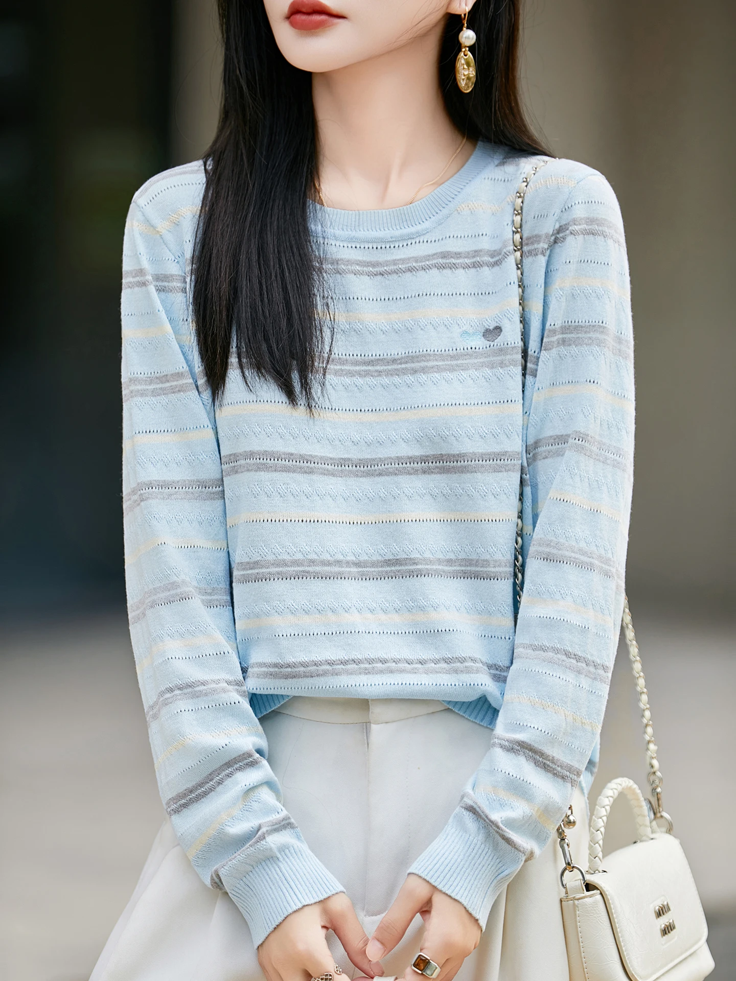 

Dopne Color Blo Striped round Ne Loose Knitted Sweater Women's Faion Slimming Base Layer Top Trendy Inner Wear