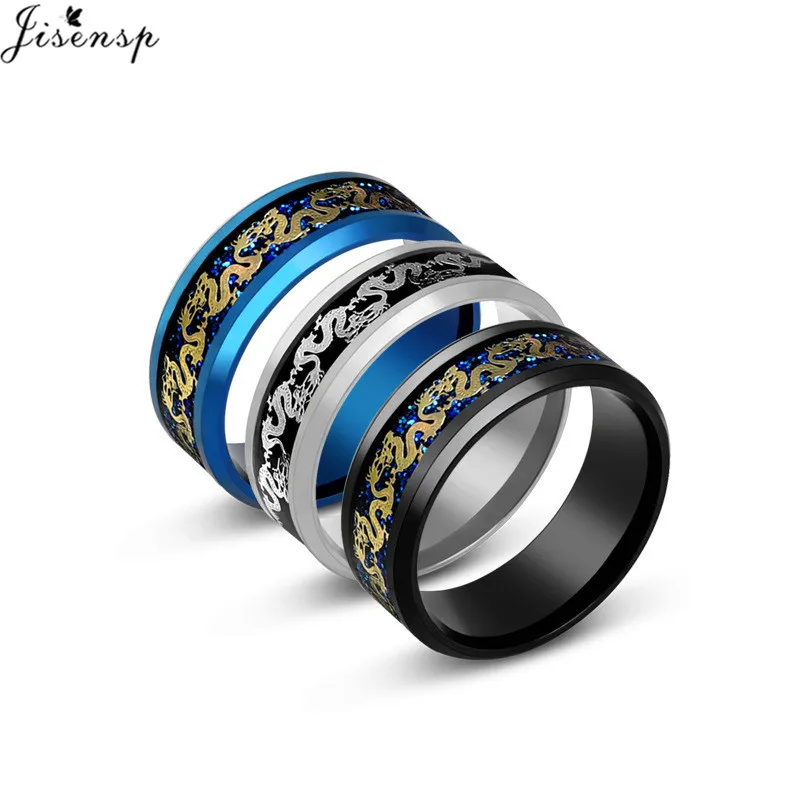 Punk Viking Men's Stainless Steel Celtic Dragon Ring Inlay Blue Carbon Fiber Rings Wedding Band Jewelry Size 7-11 Bague Homme