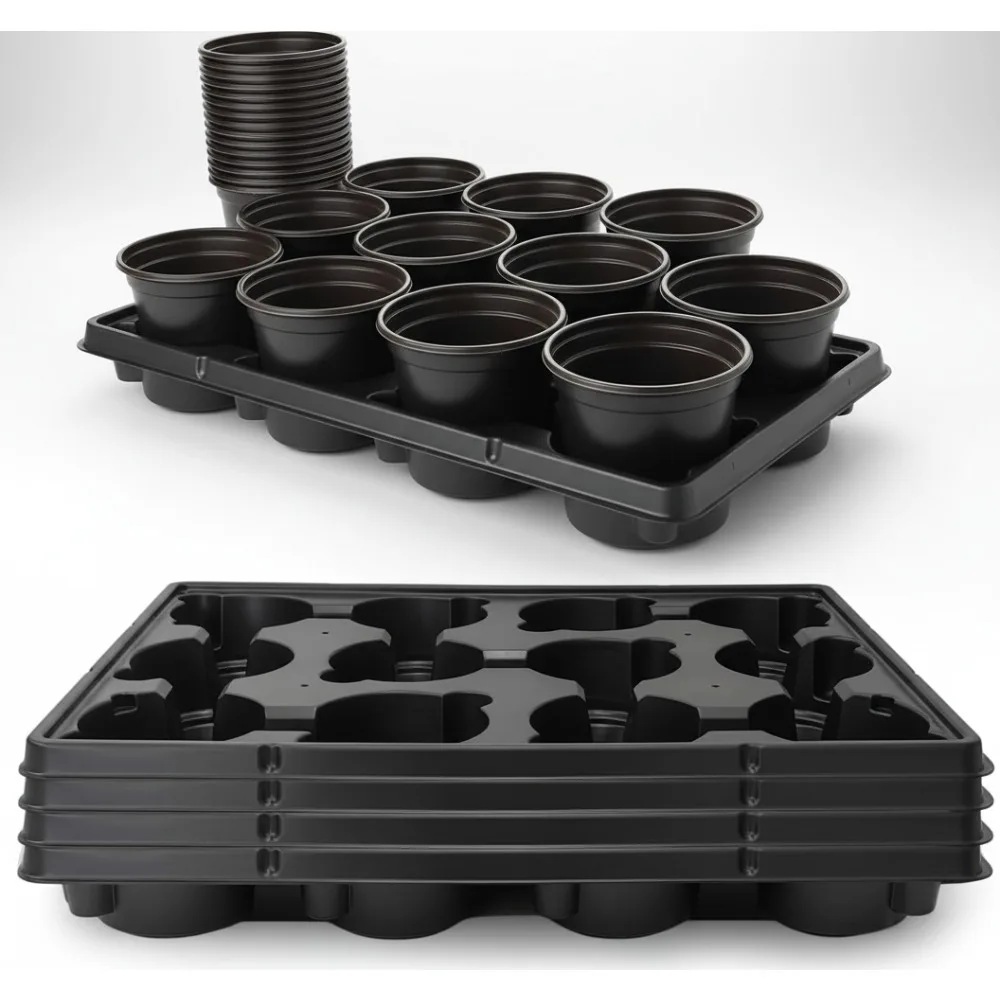

4 Inch Plastic Plant Pots 60 Pcs with 12 Cell Nursery Trays 5 Sets, Sturdy Seed Starter Kit for Indoor Outdoor Gardening