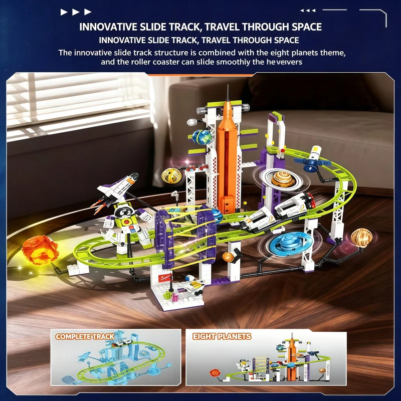 Space-themed roller coaster building blocks, solar system assembly set, ring orbit construction kit, rocket tower assembly block view 5