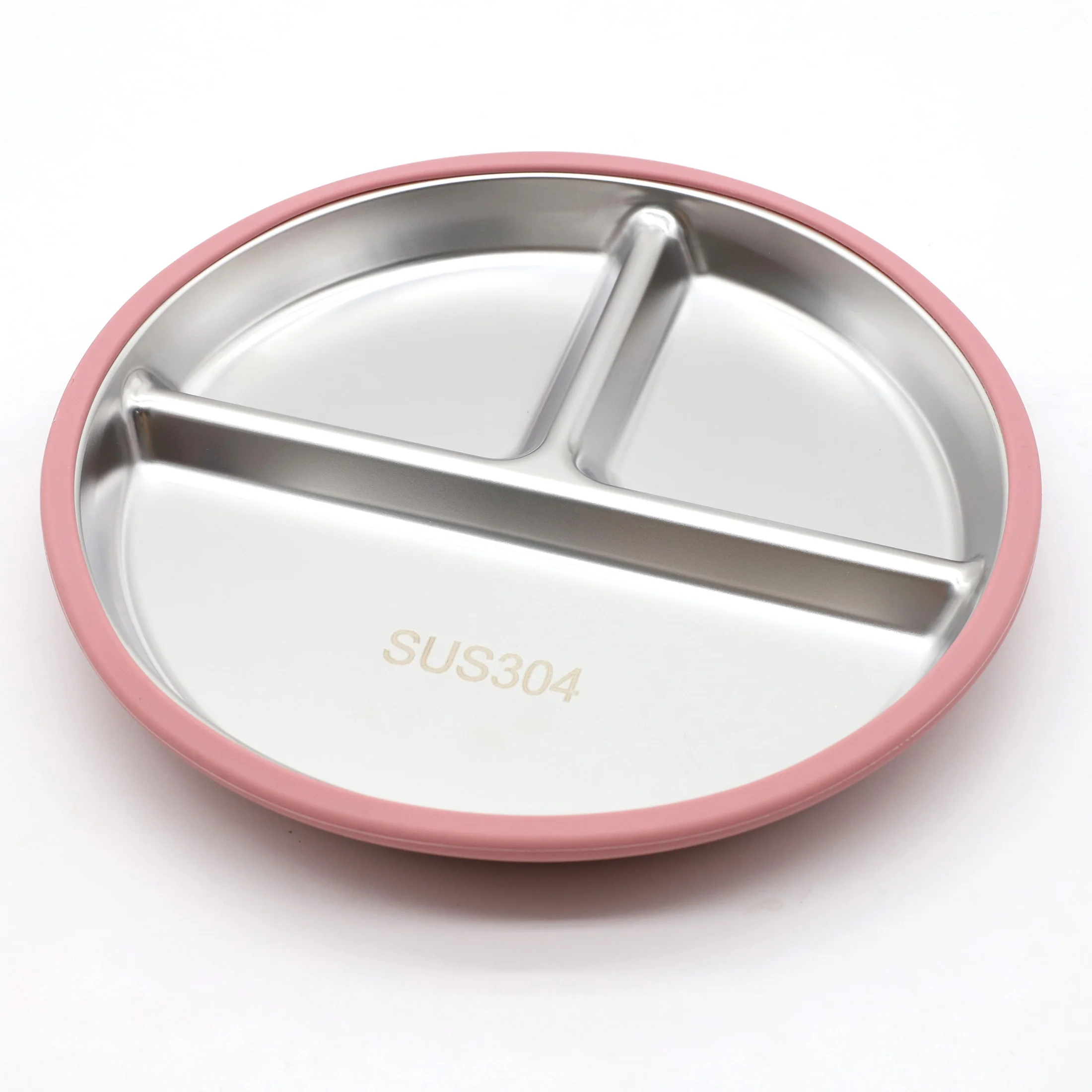 Silicone stainless steel dining plate with suction cup baby food feeding utensils divided into compartments