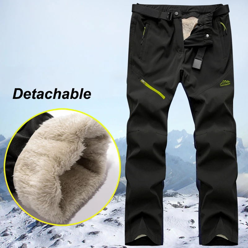 Winter Thick Warm Outdoor Pants Men Motorcycle Waterproof Long Trousers Trekking Camping Pants Removable Fur Lined Velvet Inside