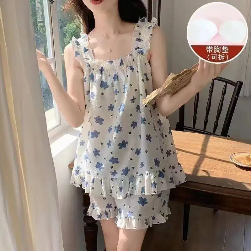 Sommer 2-teiliges Set Damen Prinzessinnen-Stil Camisole Pyjama Mädchen Niedliche Brustpolster Homewear Damen Lässiger Ärmelloser Rüschen-Schlafanzug