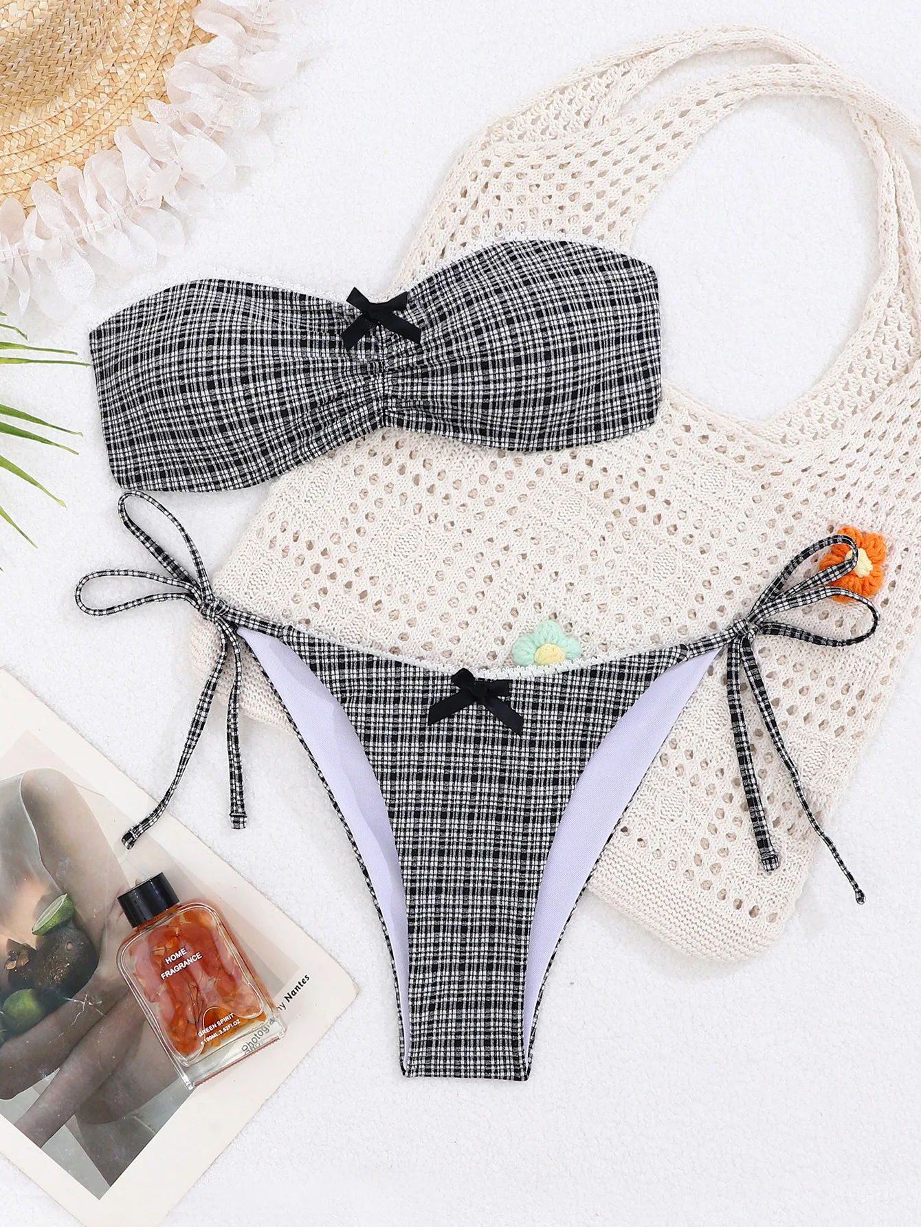 

sexy black white plaid bow bandeau bikinis sets two pieces tie thong swimsuits bathing suit swimwear biquini tankini trikini