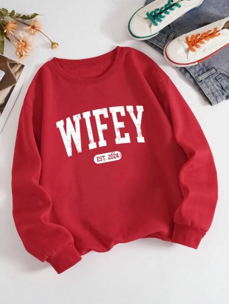 Street Casual Women Pullover Wifey EST NEW Letter Printing Sweatshirt Warm Soft Hoodies Loose Crewneck Fashion Female Clothing