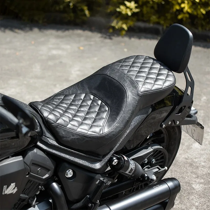 Retro Flat Double Seat Cushion For BENDA Darkflag 500 BD500 Sport Cruiser, Custom Black Leather Motorcycle Seat, IP65 Waterproof