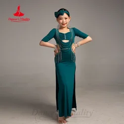 Belly Dance Practice Clothes for Children Light Luxury AB Stones Fringe Dress Girl Oriental Dance Professional Training Clothing