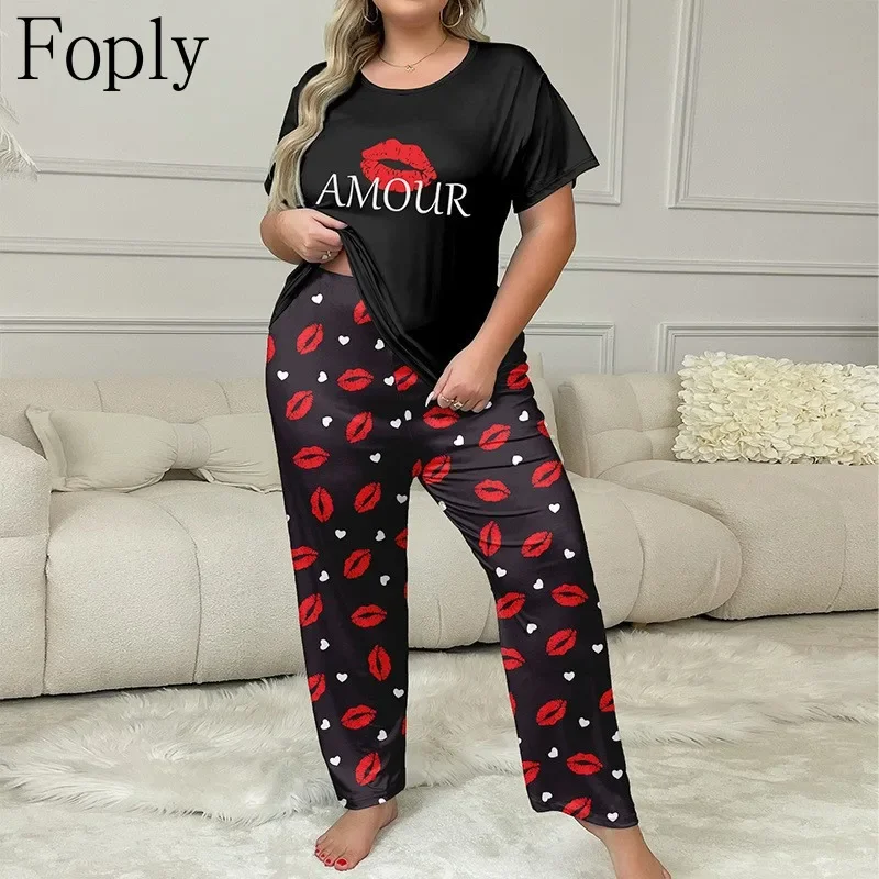 キスプリント女性パジャマプラスサイズ-5xl-春夏-2-ピースパジャマミルクシルクパジャマ半袖パンツスパースター-pjs-ラウンジウェア