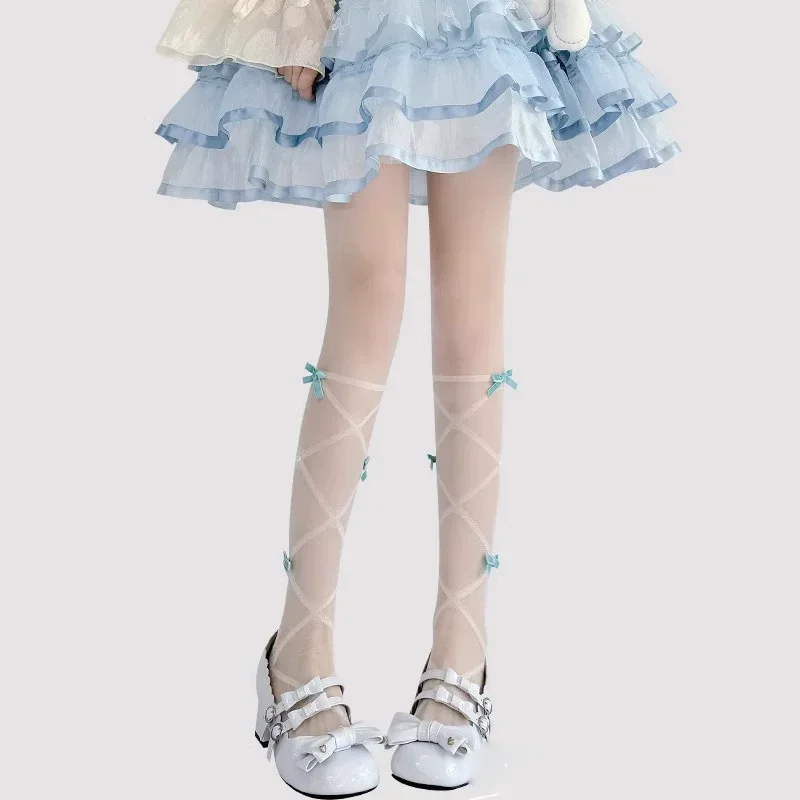 

Lace Trim Pearl Butterfly Knot Lolita Stockings Thin Summer Women's Anti-Catch Thread Pure Desire Silk White Stockings