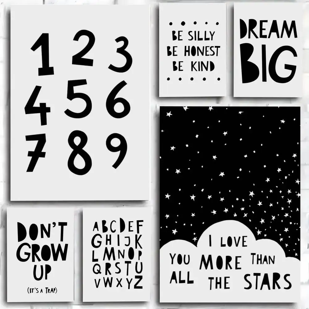 Black and White Alphabet ABC Number 123   Poster and Prints Wall Art Pictures for Modern Bedroom Game Room Home Decor