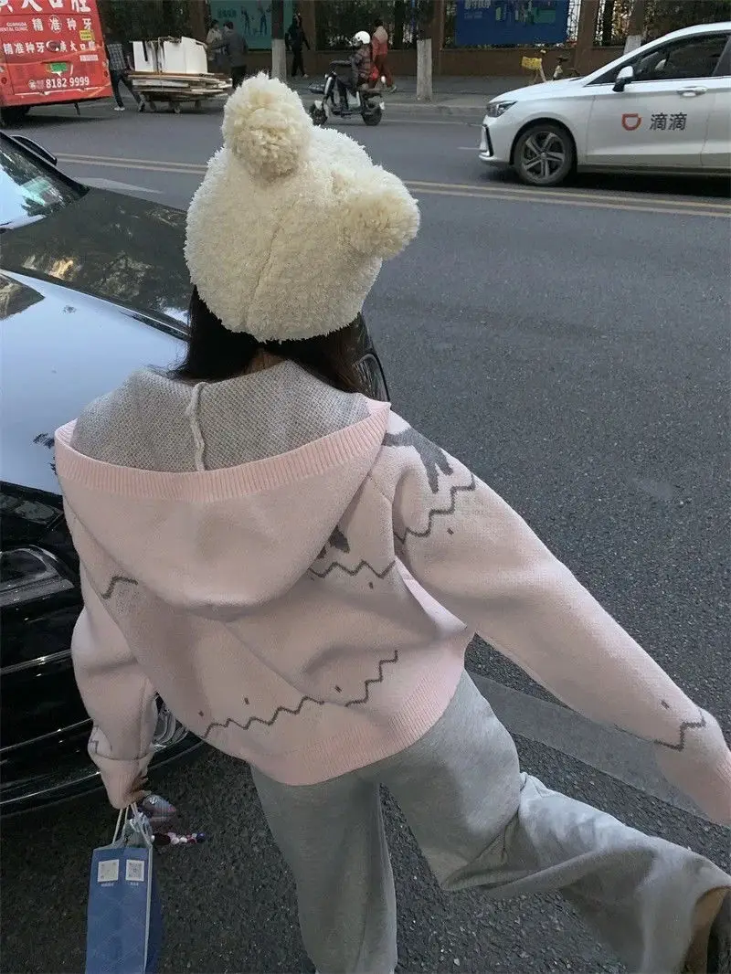 

Kimotimo, осенне-зимний жаккардовый свитер с капюшоном, кардиган, женский японский консервативный стиль, свободное вязаное пальто, милые топы с длинными рукавами