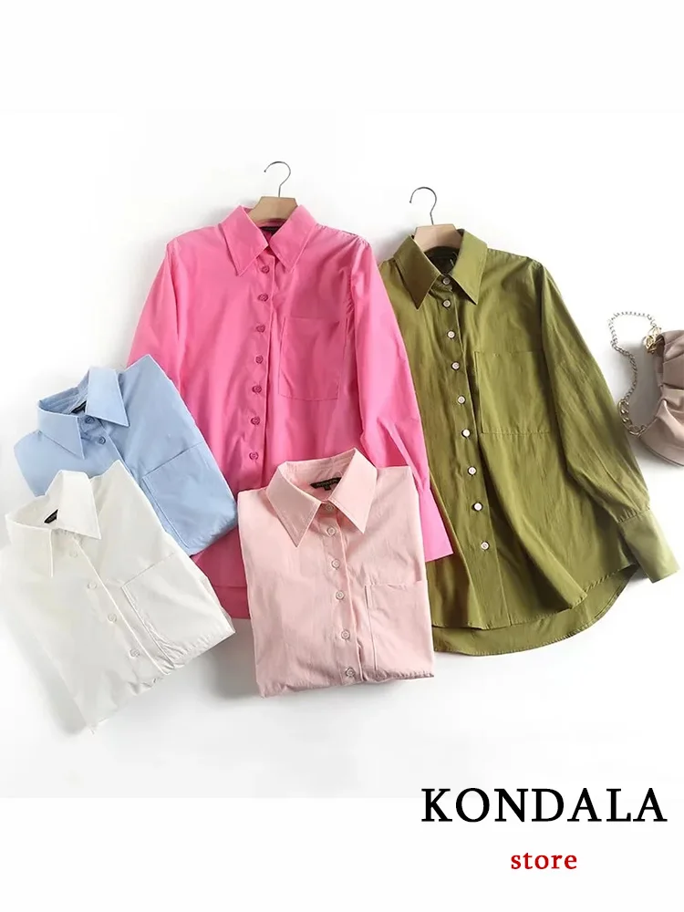 

KONDALA Casual Chic Women Blouse Solid Single Breasted Pocket Turn-down Collar Loose Shirt Fashion 2023 Spring Mujer Tops