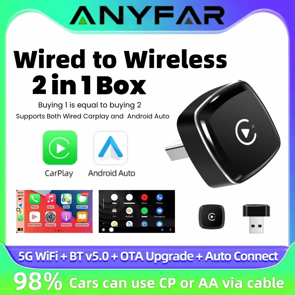 2 IN 1 Wireless Carplay Android Auto Adapter Wired to Wireless carplay Adapter for iPhone Wireless Control Plug & Play Carplay