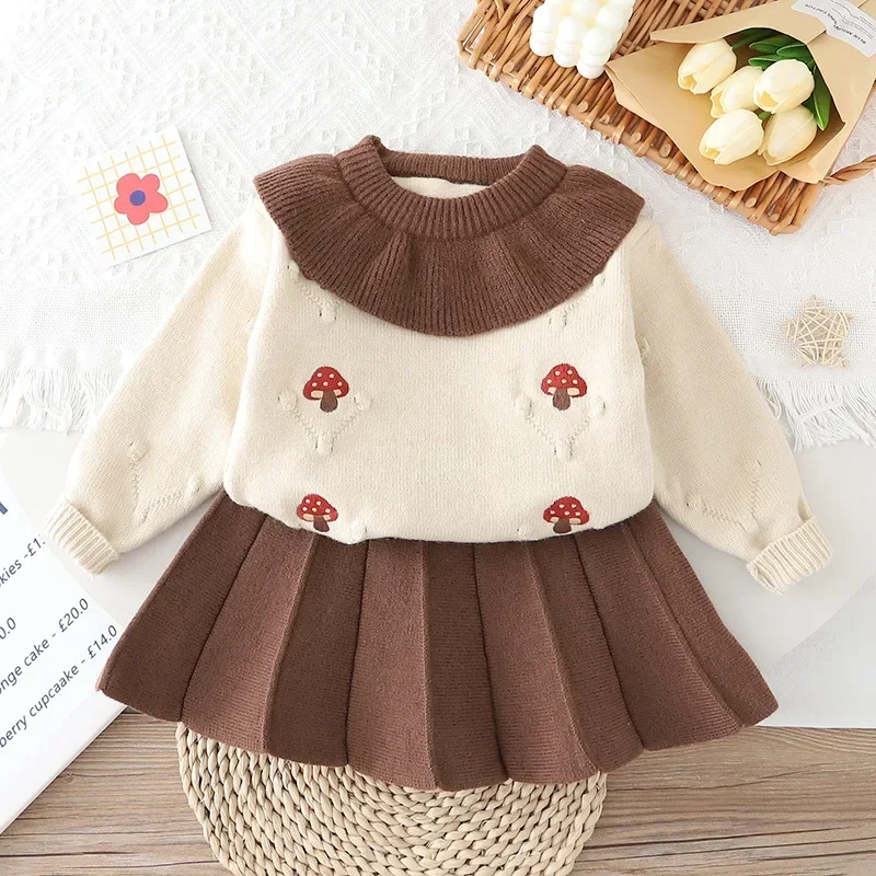 

Autumn Vintage Boys Girls Knit Set Mushroom Embroidery Ruffle Collar 2Piece Knitted Top Skirt 2-6Y Children Clothings