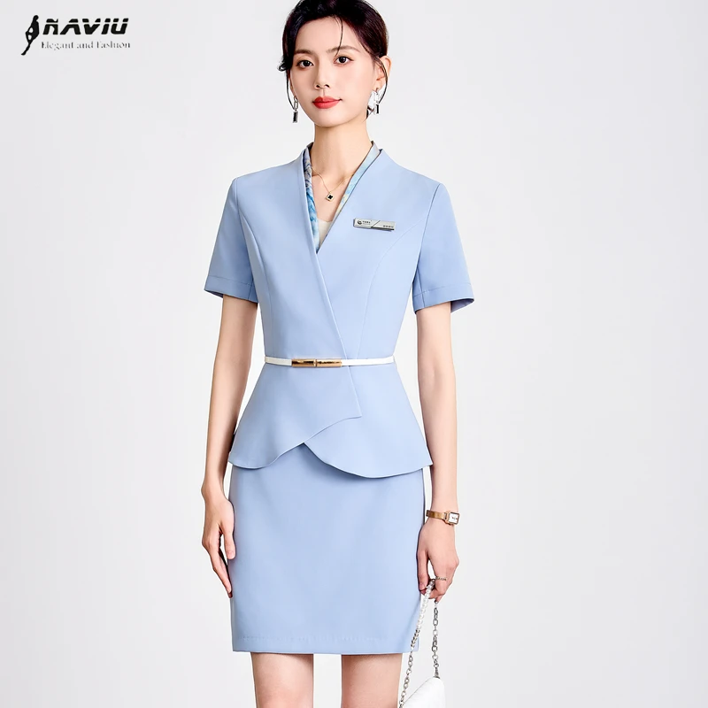 

NAVIU Elegant Women's Professional Suit New Summer Temperament V Neck Slim Blazer And Skirt Office Ladies Work Uniform With Belt