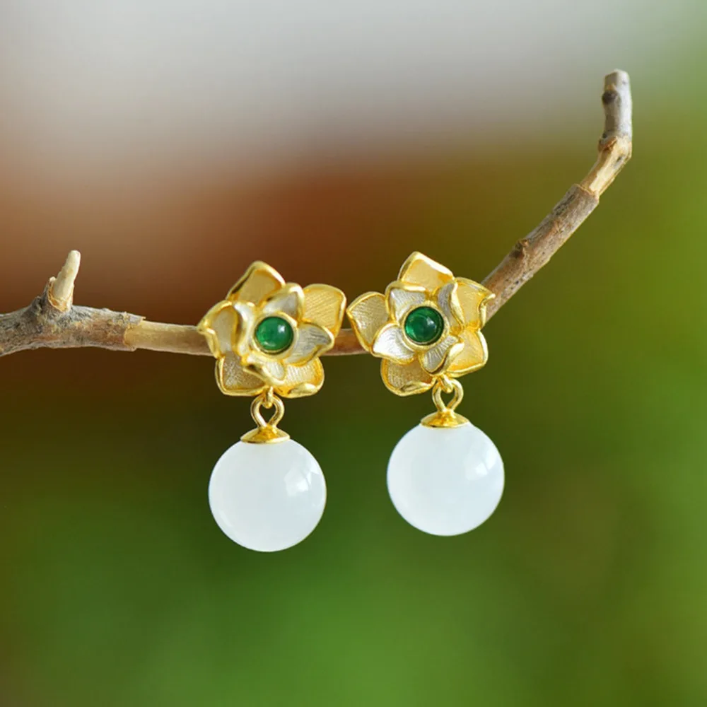 

Серьги GL 925 из серебра с позолотой и нефритовой инкрустацией в форме цветка, в ретро-стиле, элегантные серьги с нефритом Хэтянь, украшения в китайском стиле