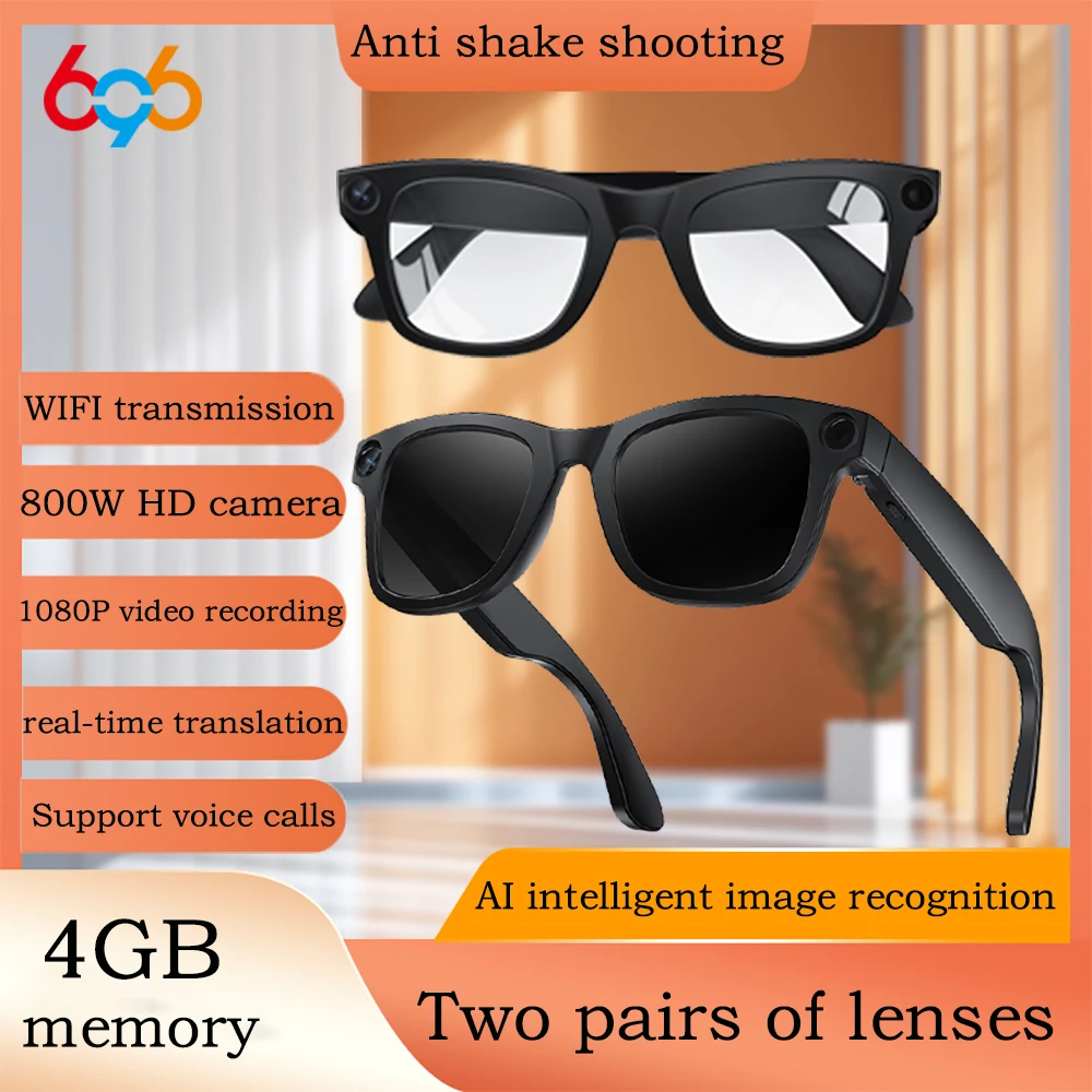 

New AI Smart Glasses 800W Camera 1080P Video Recording Voice Assistant Anti-Shake Music 4GB Memory Sunglasses Blue Tooth Call