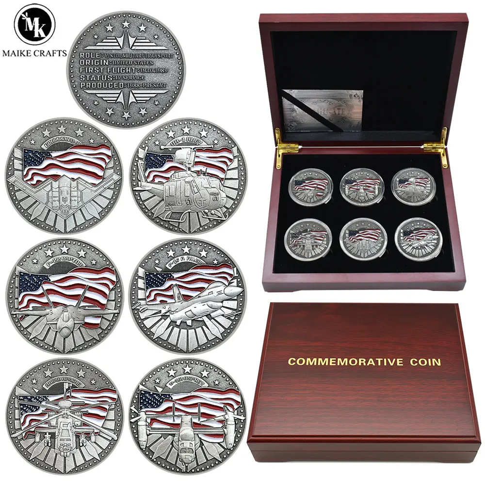 6pcs/box US Classic Retro Military Aircraft Military Coin F-16 Fighter Boeing Bell V-22 Fighter Commemorative Coin Collection