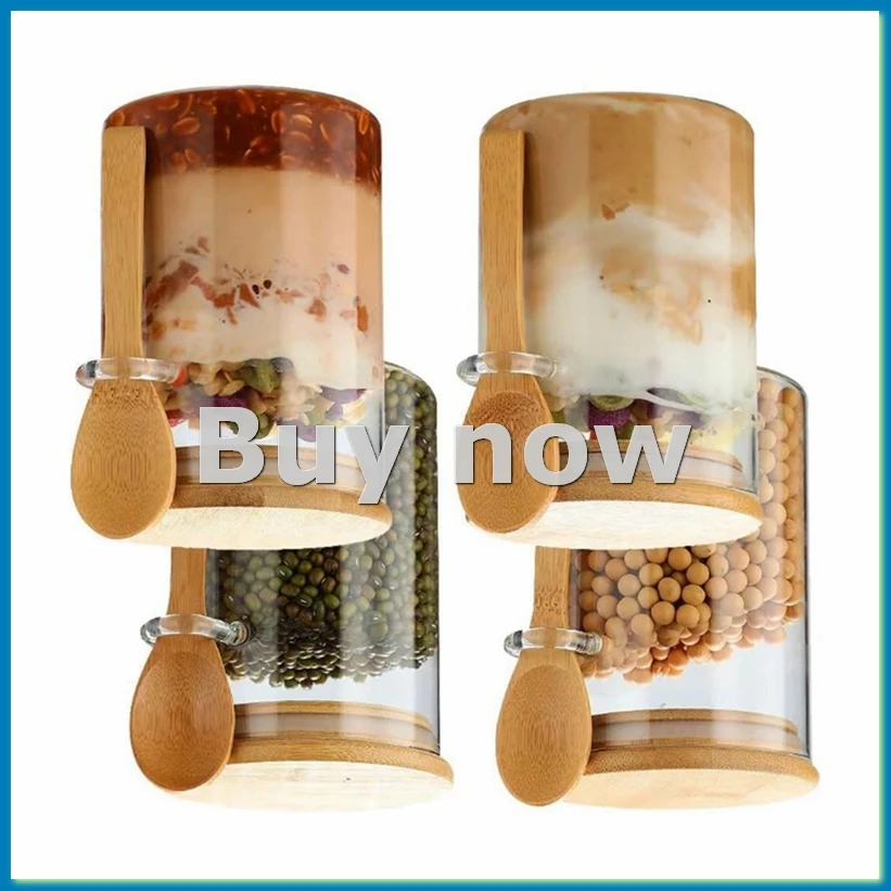 Paquete de 4 recipientes de vidrio para avena nocturna con tapas y cucharas, frascos de vidrio con cucharas y tapas para té suelto-ABFB