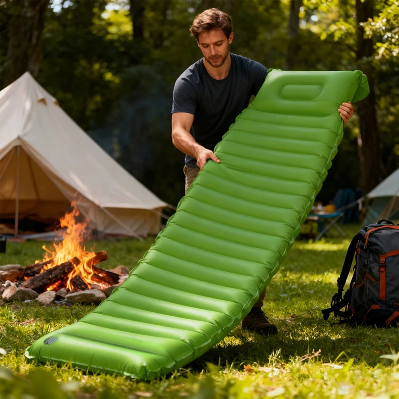 

Встроенный ножной насос, надувной спальный коврик, сверхлегкий коврик для кемпинга с подушкой, надувной матрас для пеших прогулок