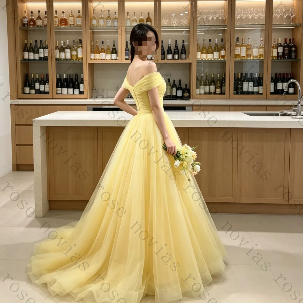 Customized Romantic Long Train Gowns Off The Shoulder Ruched Tulle Ballgown Pleated Bodice Flowy Voluminous Wedding Dresses