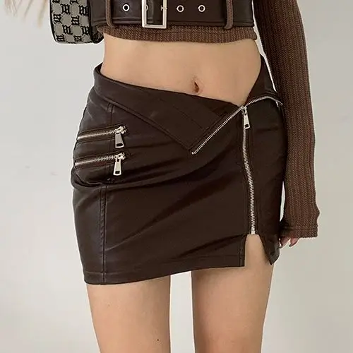 

Mini Skirts Asymmetrical Zipper Pu Leather Skirt Women Sexy Hot Girl Night Club Woman Street Tight Bag Hip Short Skirts