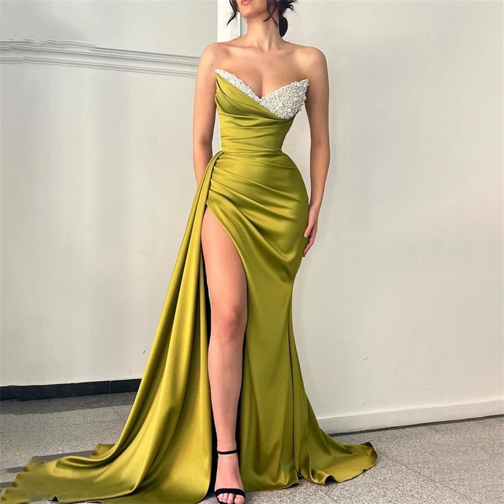 2024  Sweetheart Neck Olive Green Sequin Prom Dresses Side Split Train Pleated Evening Gowns Party For Women Waist Corset Formal