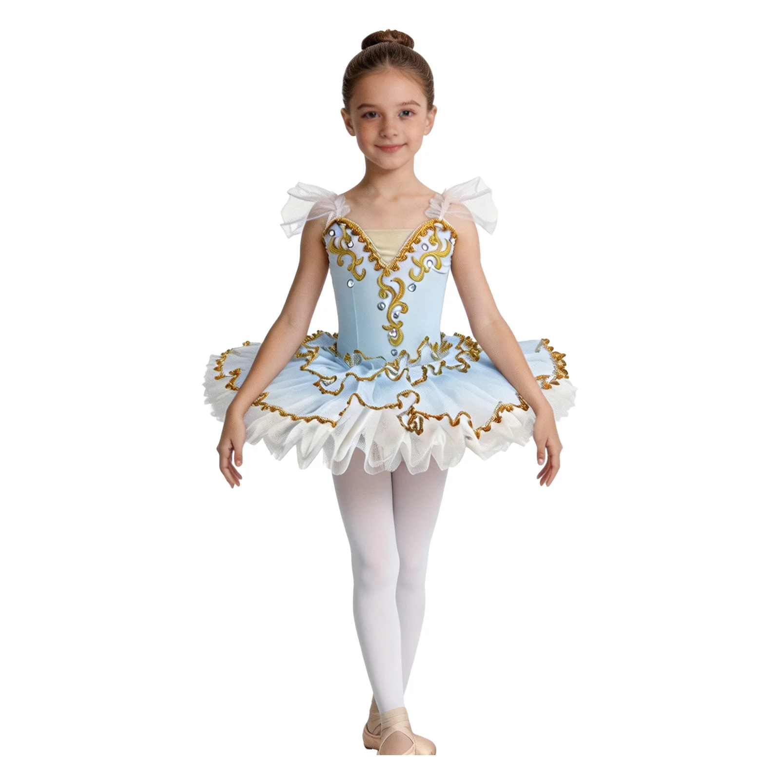 Kids Girls Professional Ballet Tutu Dress Gold Embroidery Rhinestone Classical Ballerina Skating Costume for Stage Performance