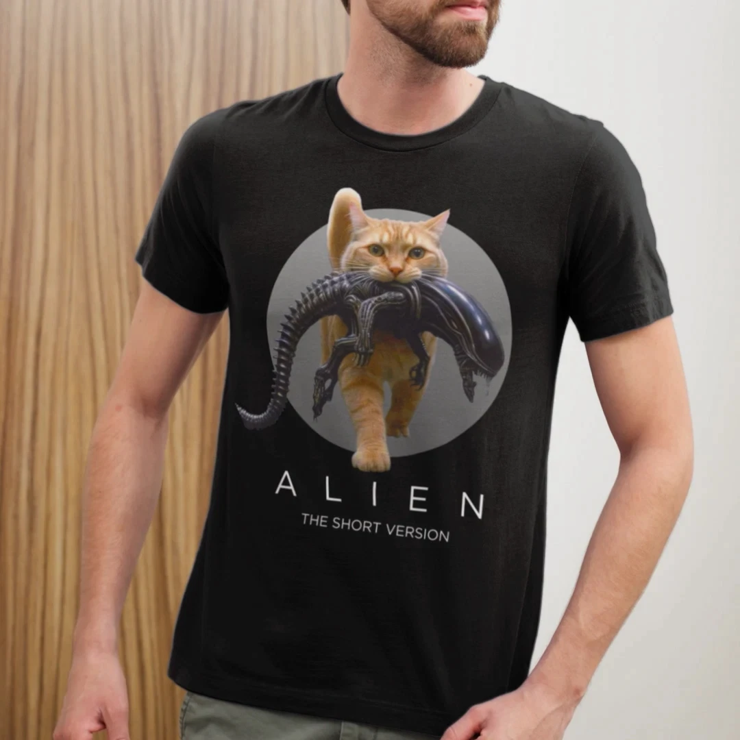 Lustiges Herren-T-Shirt mit Katzen- und Alien-Motiv, Rundhalsausschnitt, Kurzarm, hellgrau, lässiges Alltags-Oberteil – Detail 2