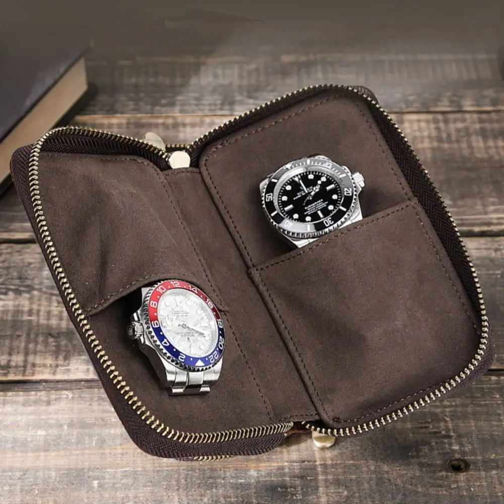 حقيبة ساعة محمولة من الجلد الطبيعي مع سحاب 2 فتحات لتخزين الساعات حقيبة تنظيم الساعات الفاخرة الفاخرة #2