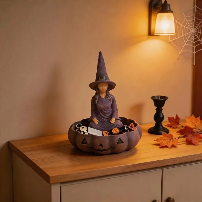 Resin Witch Pumpkin Storage Ornament Halloween Creative Home Decoration Outdoor Feeding Pendant, Multi-purpose