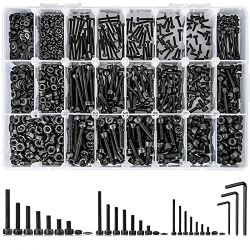 

1260PCS Metric Bolt Assortment M2 M4, 21 Sizes Screws Nuts And Hex Socket Head Cap Machine Kit Black