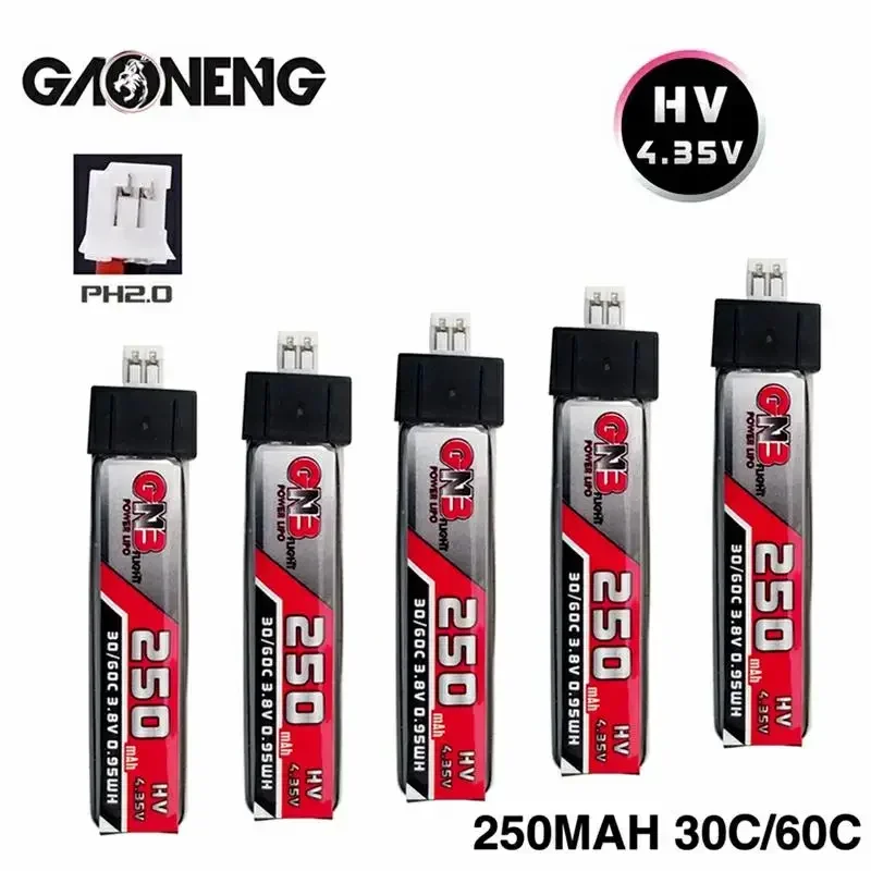 5PCS GAONENG 250mAh 1S 3.8V 30C HV Lipo Battery PH2.0/MX1.25 For Blade Nano QX Inductrix FPV Tiny Whoop Tiny7 Betafpv 65S Drone