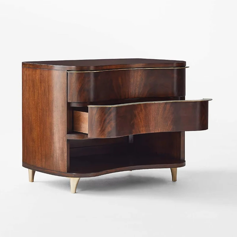 Smooth Curve Double Drawer Bedroom Interior Furniture Curved Wooden Bedside Table