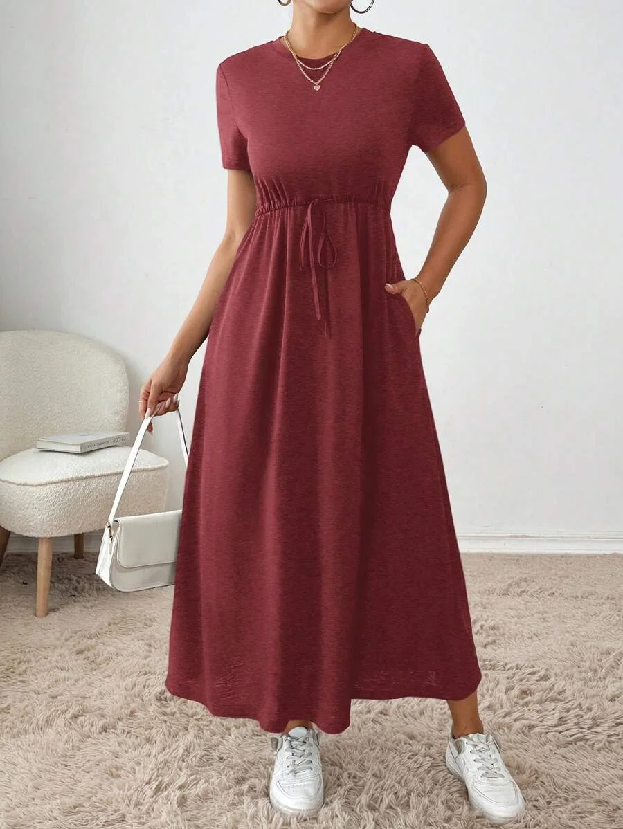 Drawstring waist side pocket MIDI dress for casual women's wear in summer and autumn