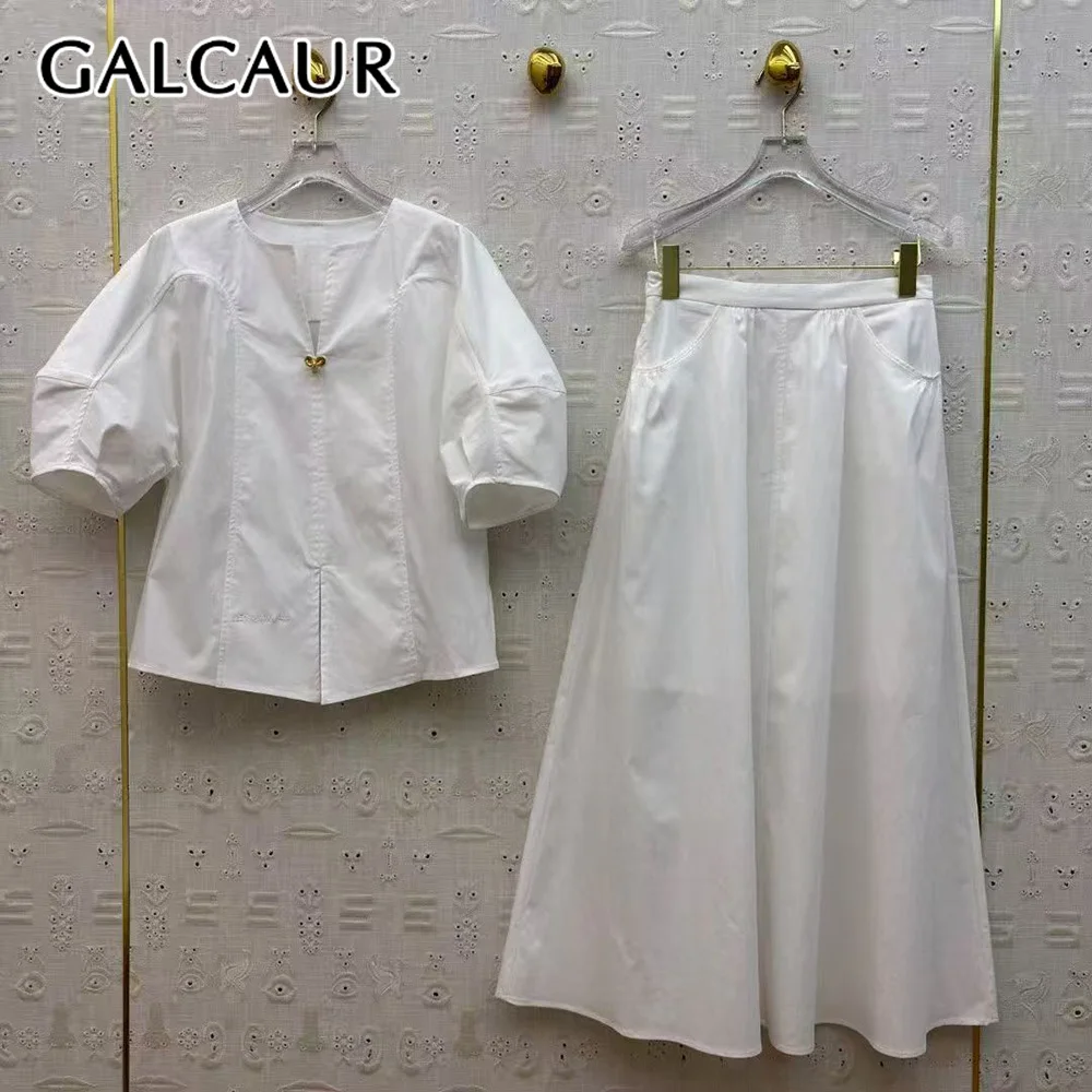

GALCAUR Solid Loose Elegant 2 Piece Sets for Women Round Neck Short Sleeves Spliced Split Top Patchwork Zipper Skirt Set Female