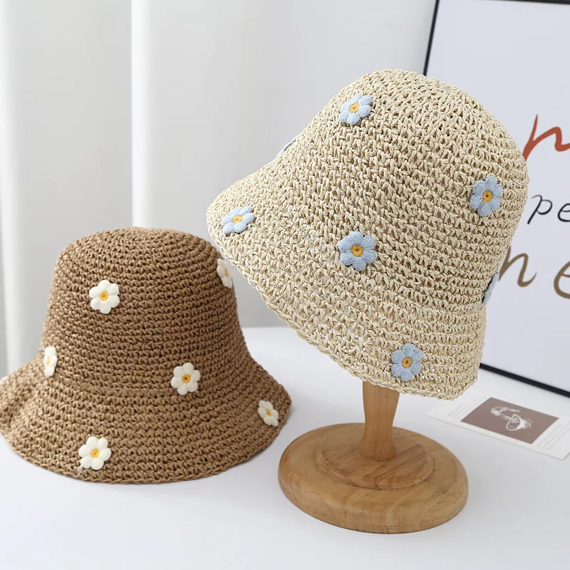 Straw Bucket Hat for Women Sweet Boho Flower Foldable Panama Visors Summer Sunscreen Uv Protection Travel Holiday Beach Sun Caps