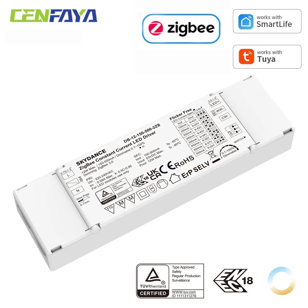 12w-zigbee調光対応cct-ledドライバー-tuyaアプリ-alexaスマートコントロール-定電流電源-9-42vdc-2ch-150-500ma-2700-6500k