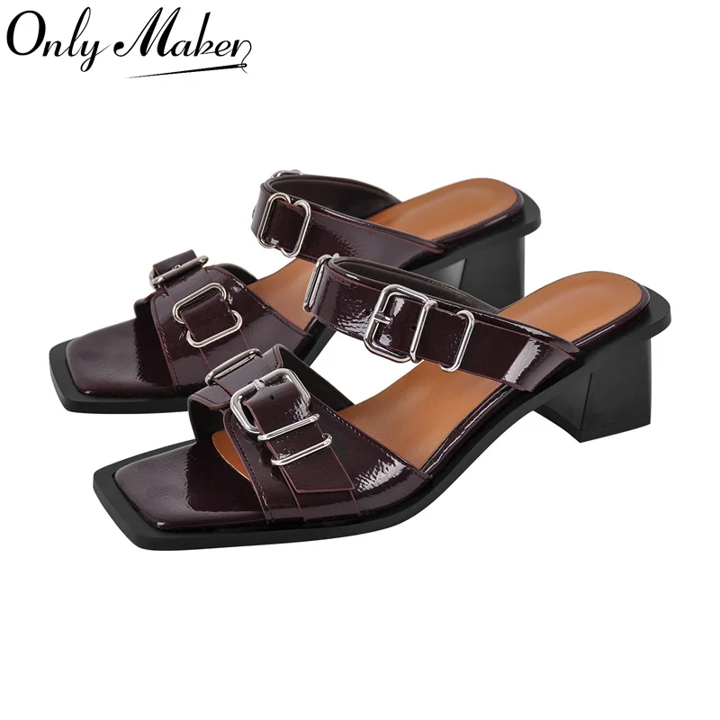 Onlymaker Women Square Toe Buckle Chunky High Heel Slip On Plus Size Summer Sandals