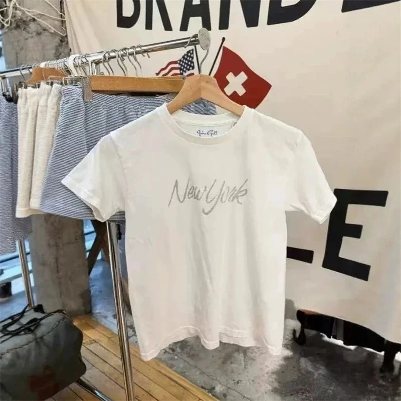 

Letter Print White Crop Top Woman O-neck Short Sleeve Cotton Tee Shirts Summer Casual Sweet Preppy Style Short Tshirts Y2k Tops