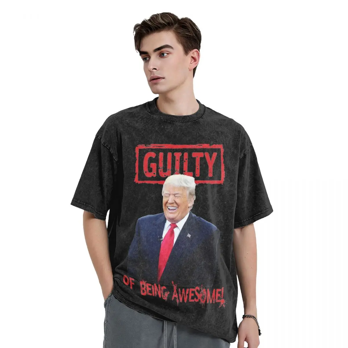 Men's Donald Trump T Shirts Guilty Of Being Awesome Tees Beach Vintage Short Sleeves T-Shirt Crew Neck Hippie Casual Tshirt