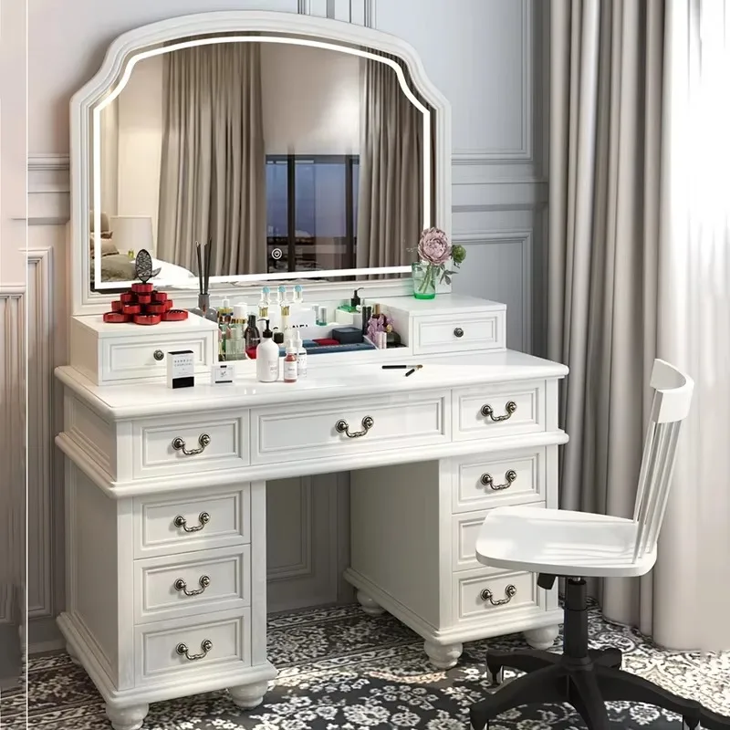 Wooden White Mirror Vanity Table Living Rooms Luxury Salon Drawers Dresser Living Room Beauty Toaletka Z Lustrem Home Furniture