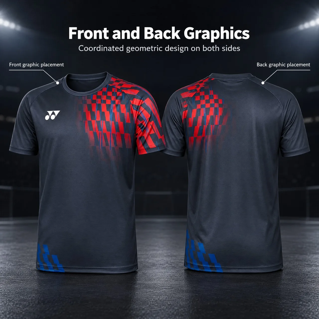 YONEX Men Badminton T Shirt Quick Dry Short Sleeve Double Sided Geometric Print Competition Training Sport T-Shirt