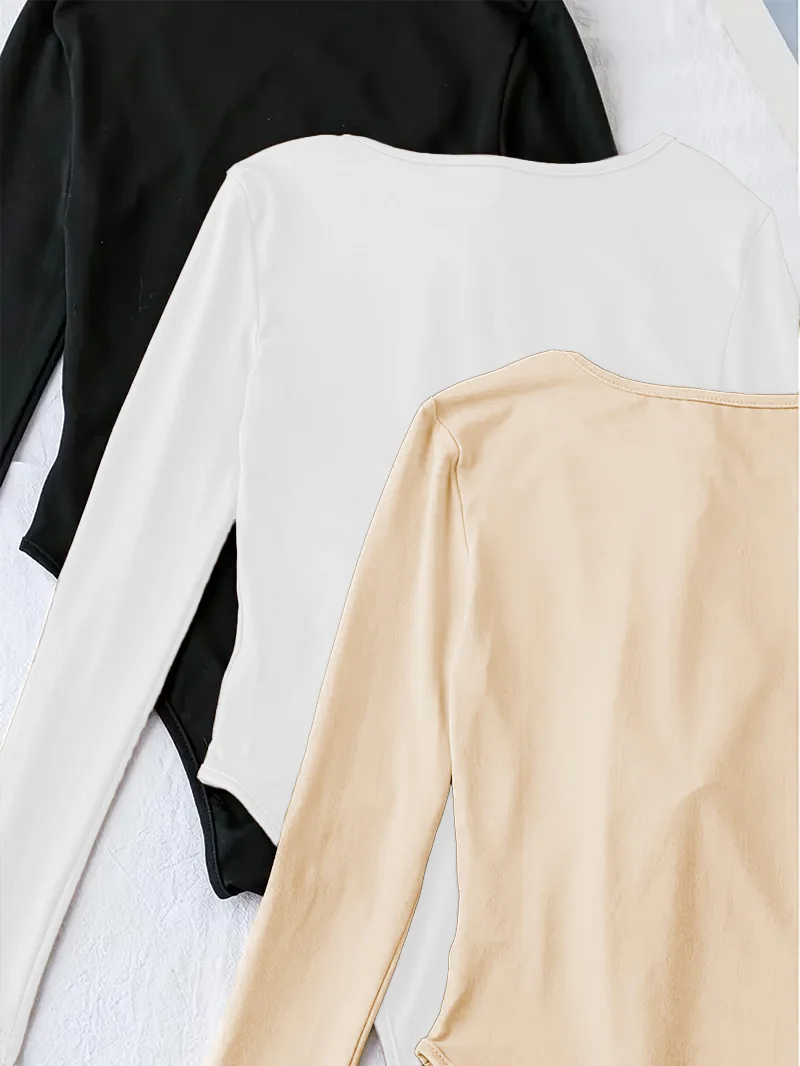 Langärmliges, einfarbiges, figurbetontes, vielseitiges, eng anliegendes, einteiliges Oberteil für Frühling und Herbst mit dreiteiligem Set