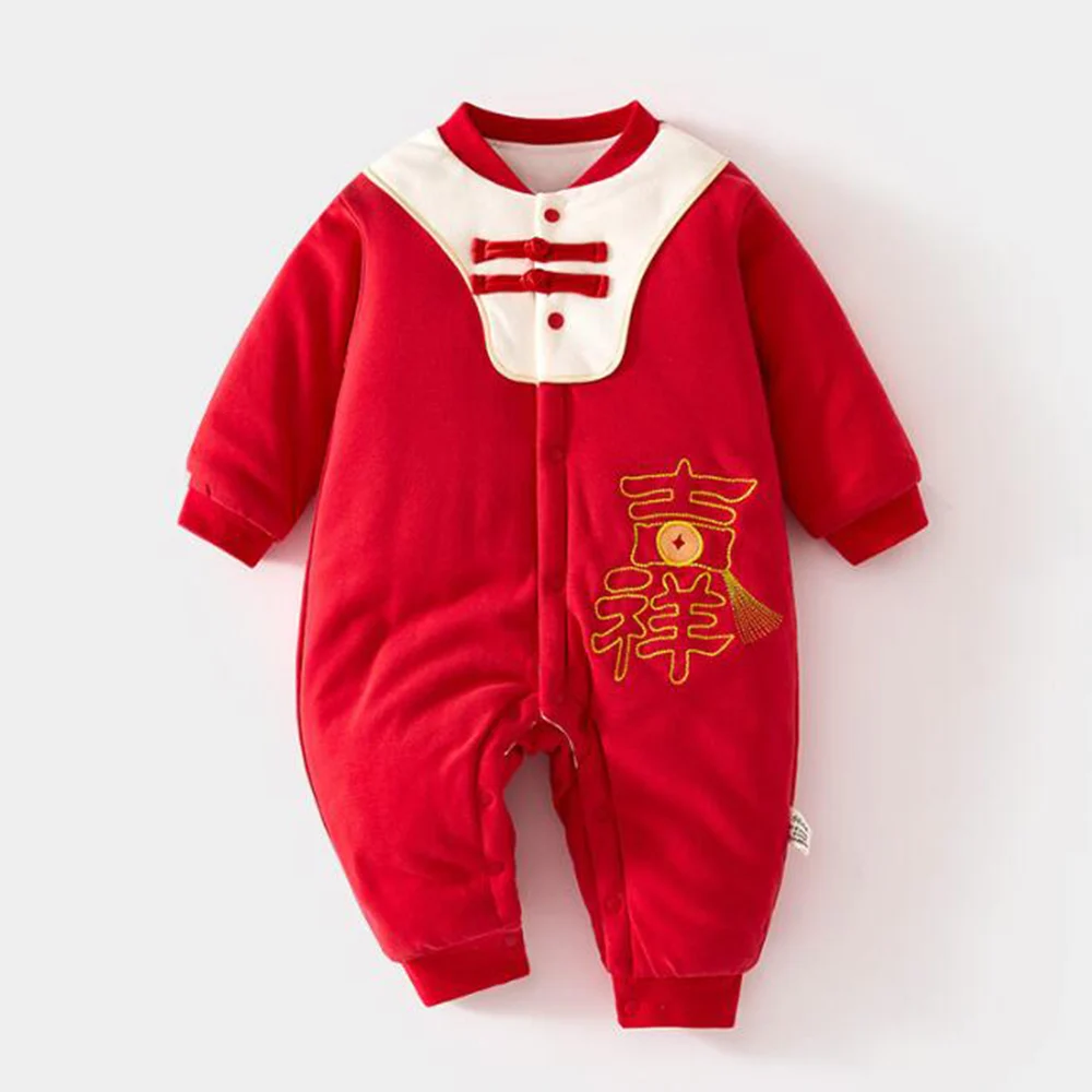 Baby Christmas Romper Long Sleeve Quilted Warm Winter Red Color Chinese New Year Infant Clothing Baby Girl Jumpsuit