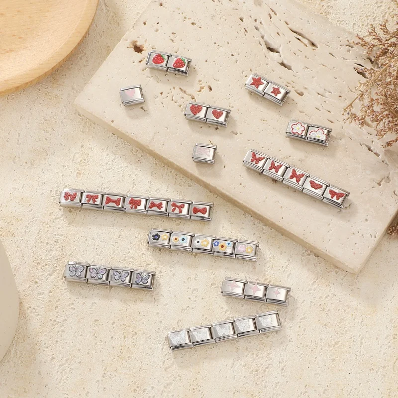 Y2K Colorful Butterfly Star Heart Bow Sticker Charm Italian Links Fit 9MM Stainless Steel Bracelet Jewelry DIY Making Wholesale
