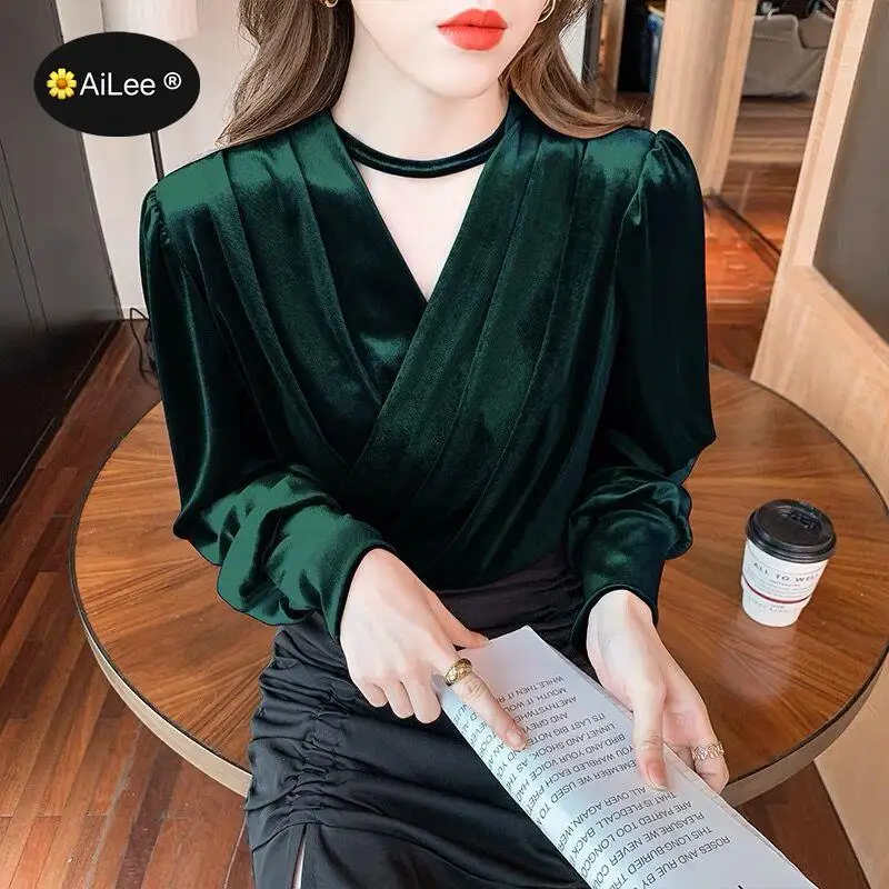 Women Winter Golden Velvet Warm Tops Pullovers Blouse V Neck Wine Red Long Sleeve Korean Fashion Blouse Shirts For Office Work