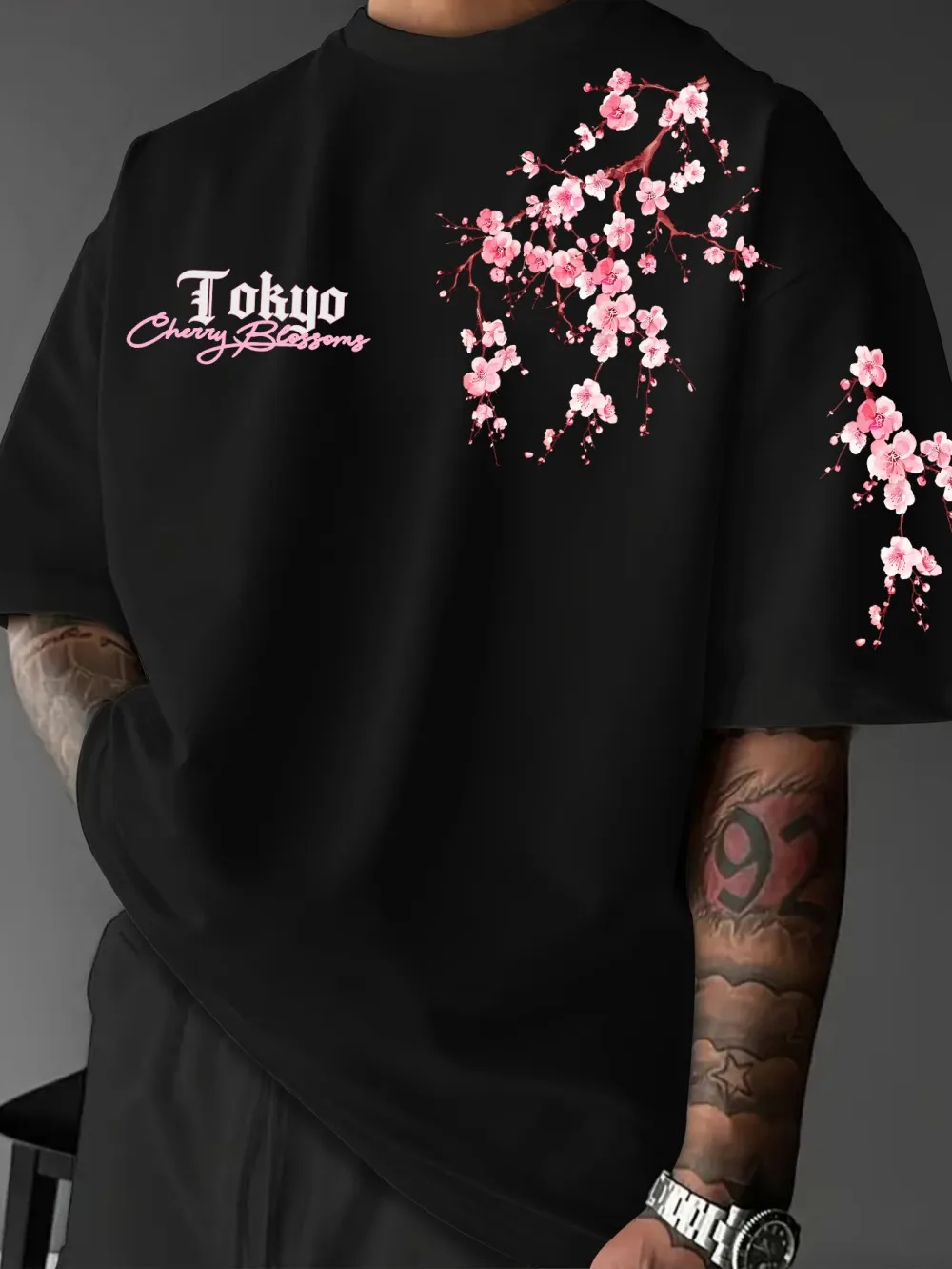 Hot selling men's summer Tokyo cherry blossom letter print soft and breathable round neck T-shirt outdoor street style top