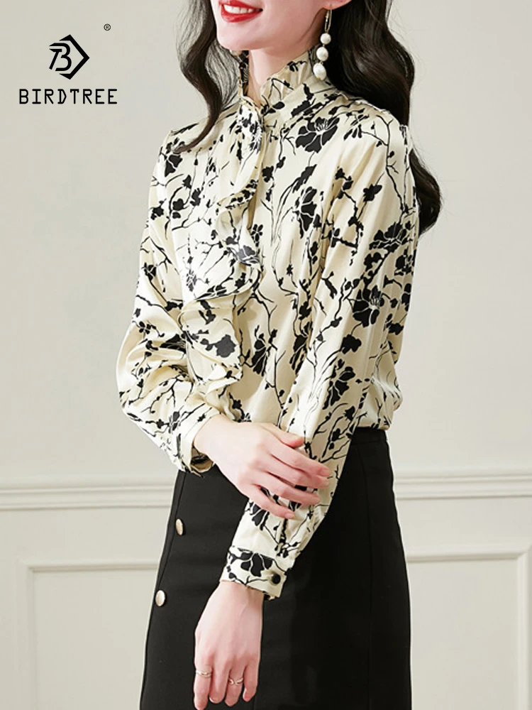 BirdTree 19MM 90%Real Silk Elegant Shirt, Women Long Sleeve Flower Printed, Temperament Versatile Blouses, 2024 Spring T43353QC