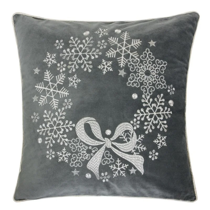 

Gray Velvet Holiday Pillow Set of 2 with Snowflake Wreath Embroidery, 20x20 Inches